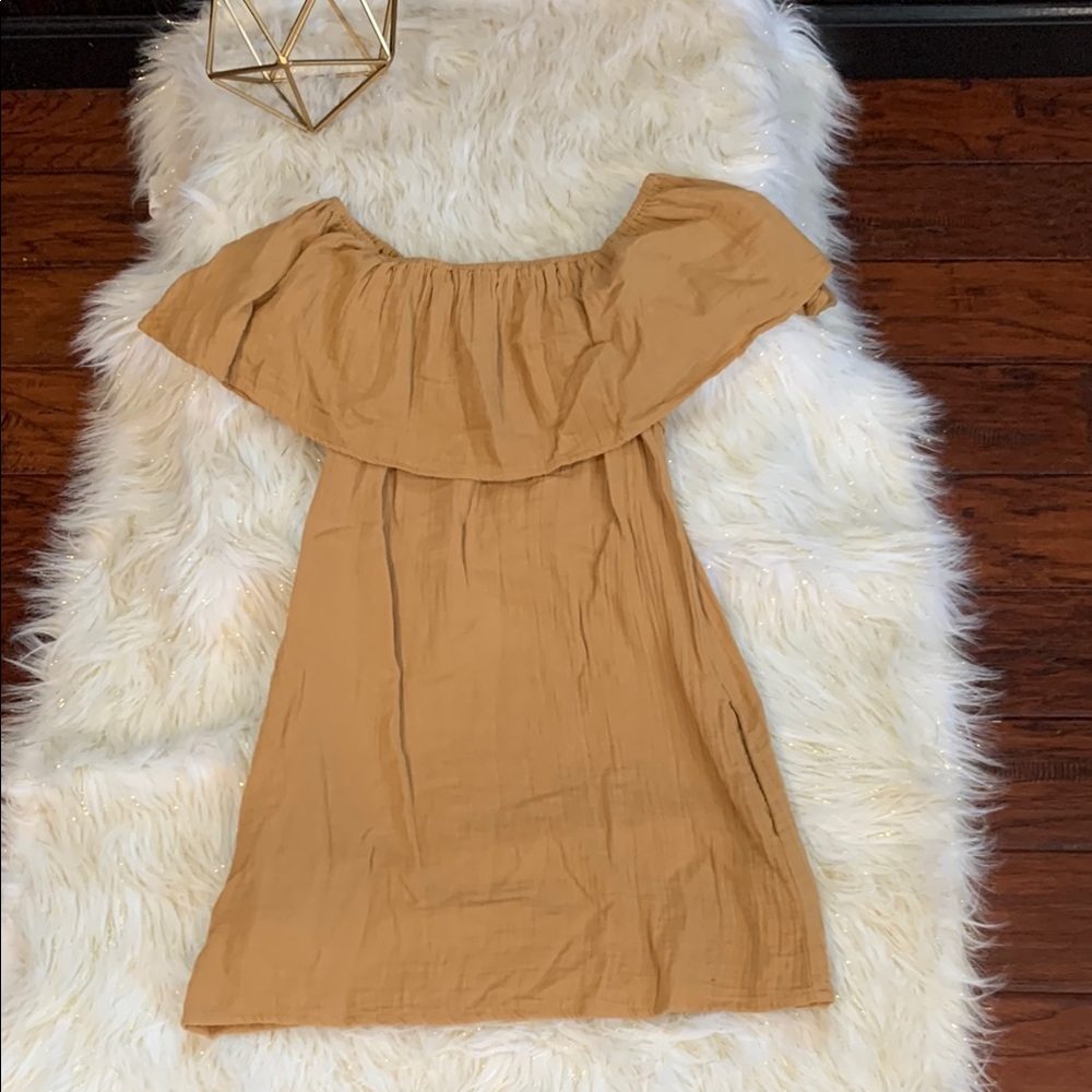 Jen's Pirate Booty Carmel Off the Shoulder Ruffle Dress